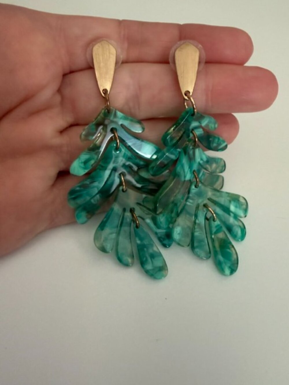 Resin green and gold leaf earrings